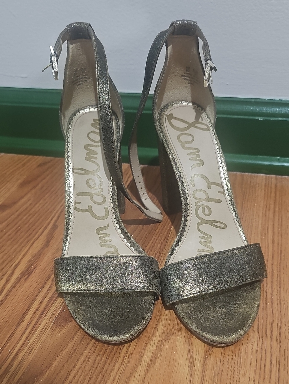 Sam Edelman Metallic Gold Ankle-Strap Block Heels